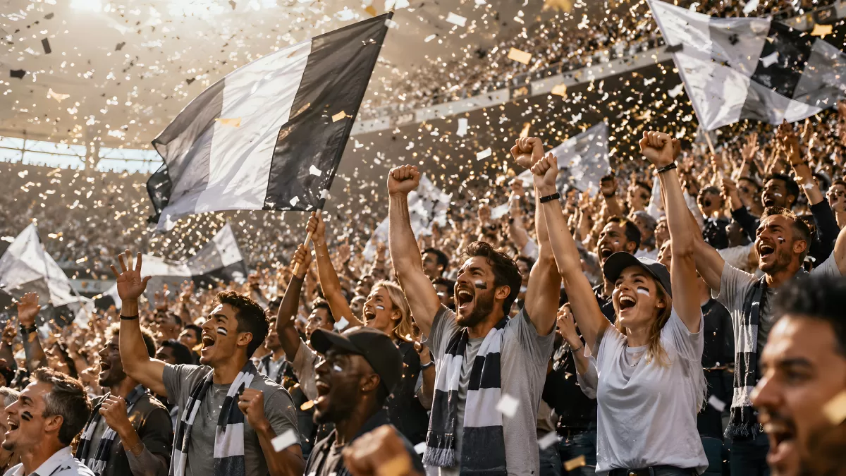 Jubelnde Fußballfans mit Fahnen und Konfetti im Stadion