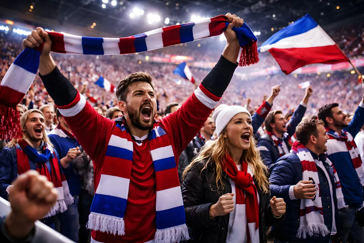 Jubelnde Fußballfans mit Schals im Stadion