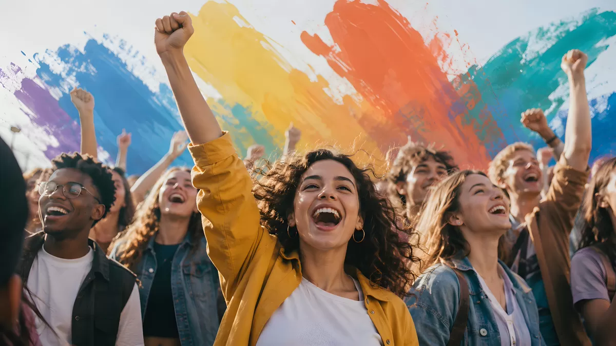 Jubelnde Jugendliche vor buntem Regenbogen-Hintergrund