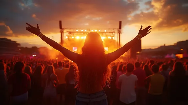 Jubelnde Menge bei Openair-Musikfestival bei Sonnenuntergang