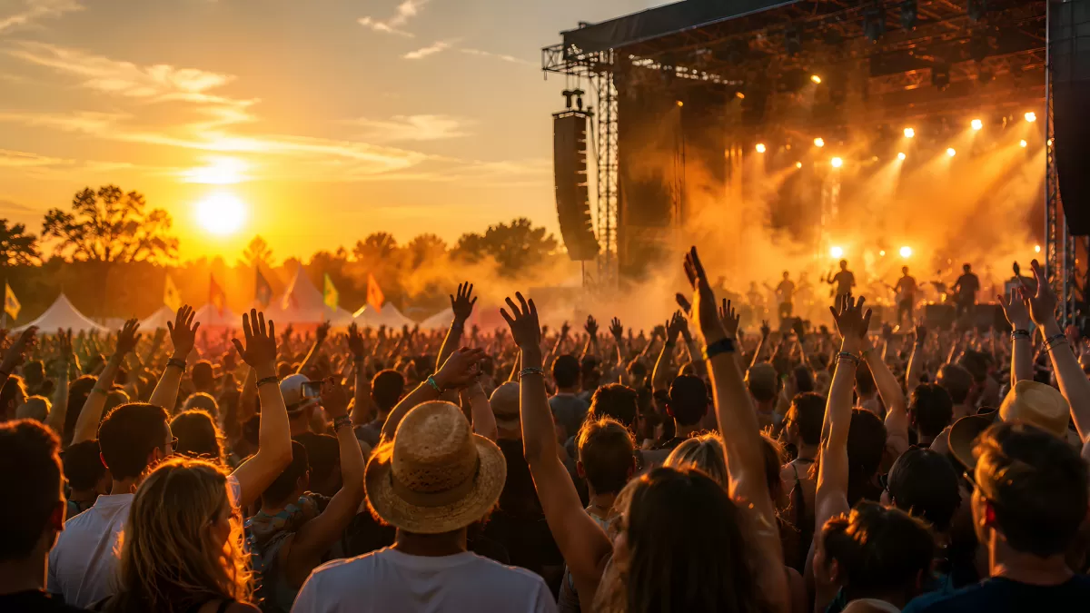 Jubelnde Menge beim Musikfestival im Abendrot