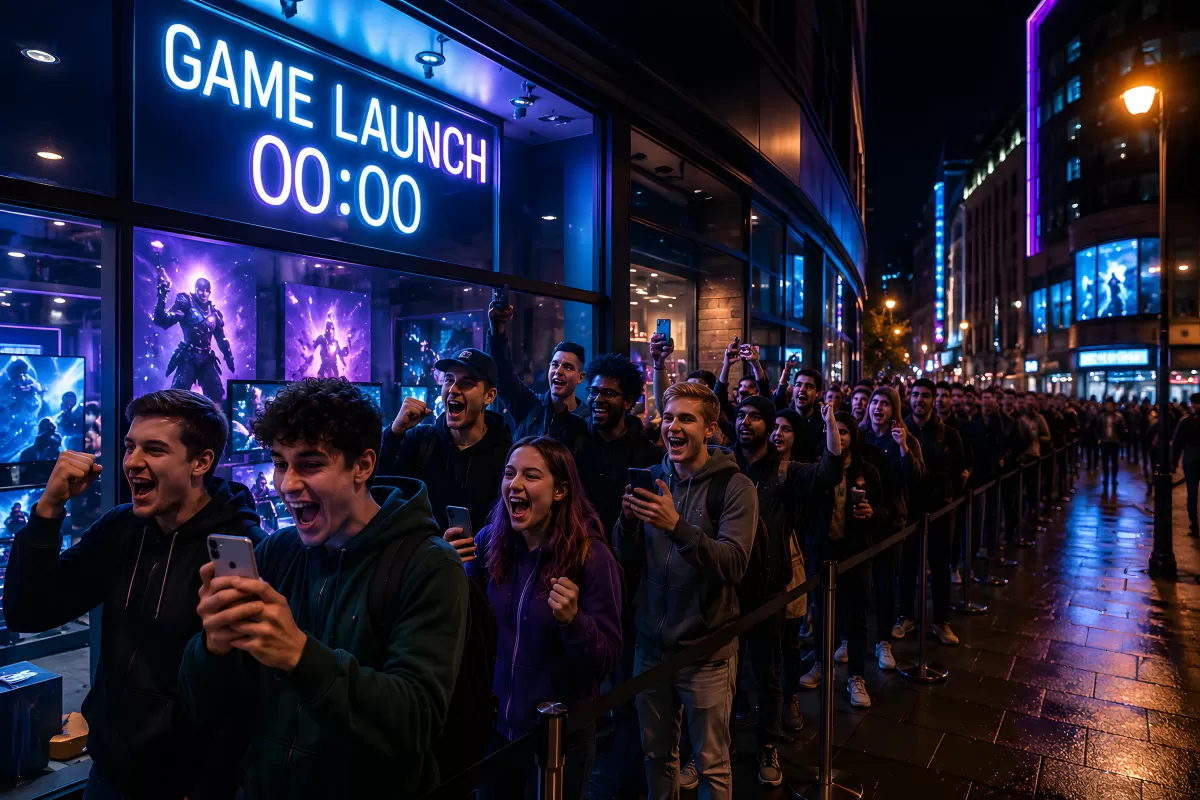 Jubelnde Menschenmenge bei nächtlichem Spielstart vor Store
