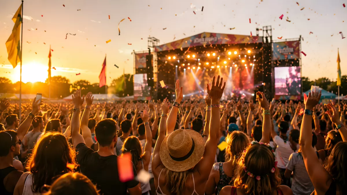 Jubelnde Menschenmenge bei Open-Air-Festival im Sonnenuntergang