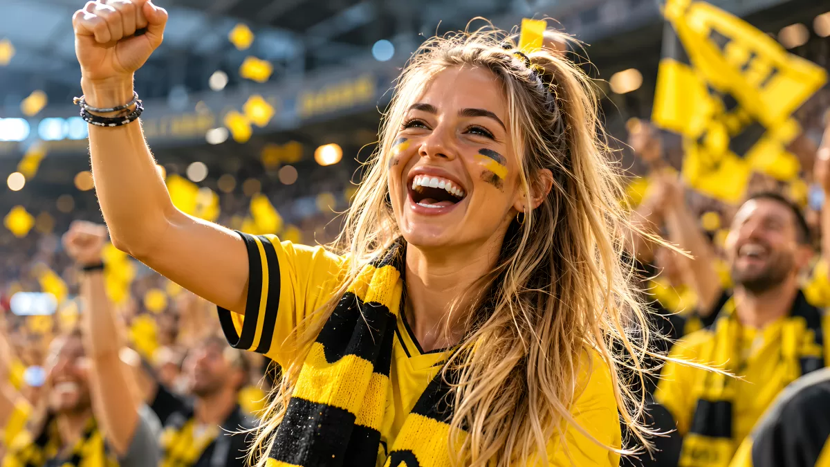Jubelnder Fußballfan in Schwarz-Gelb beim BVB