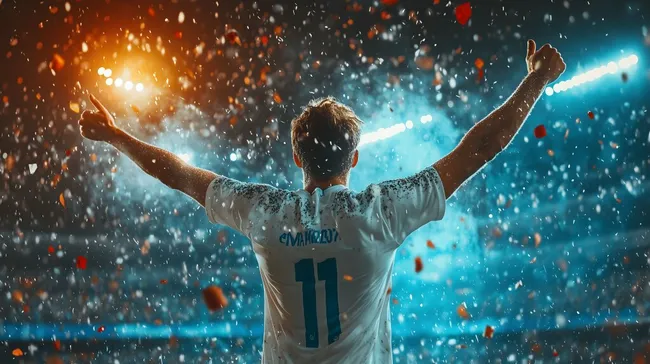 Jubelnder Fußballspieler nach Sieg im Konfetti-Regen