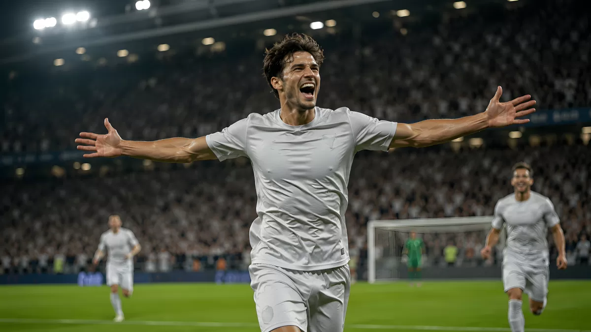 Jubelnder Fußballspieler nach Tor im Flutlichtstadion