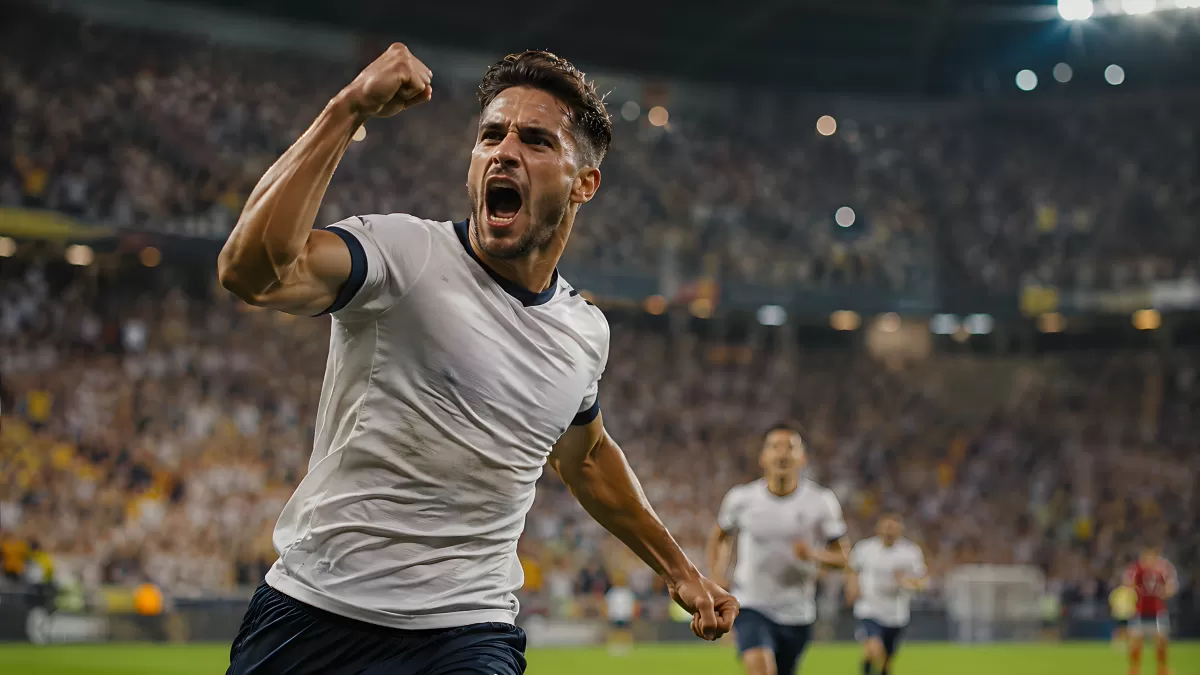 Jubelnder Fußballspieler nach Tor vor Stadionkulisse