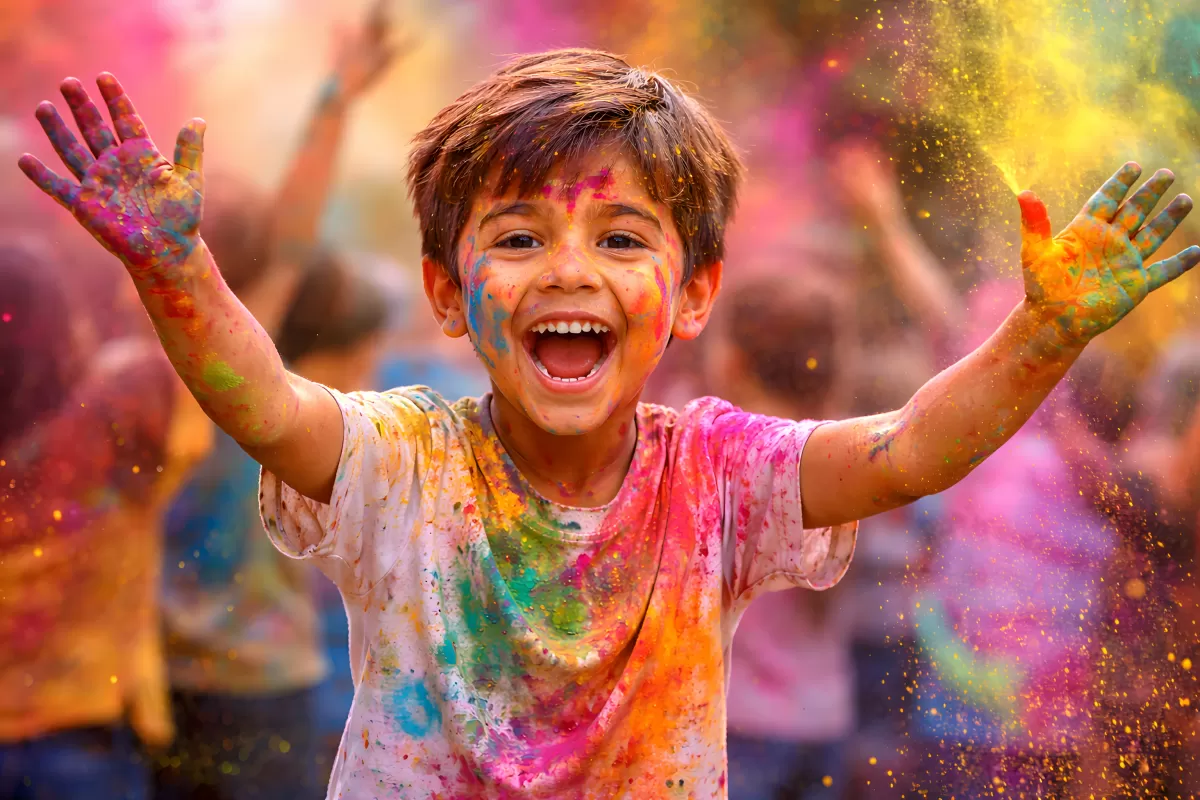 Jubelnder Junge beim Holi-Fest mit bunten Farben