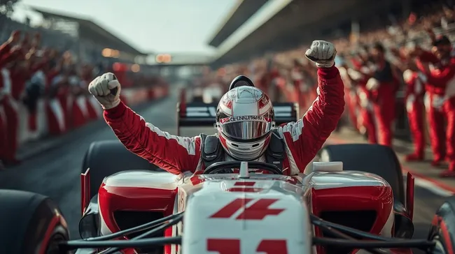 Jubelnder Rennfahrer im Formel-1-Auto an der Ziellinie