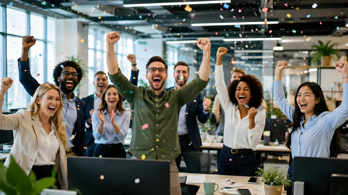 Jubelndes Büro-Team feiert gemeinsamen Erfolg