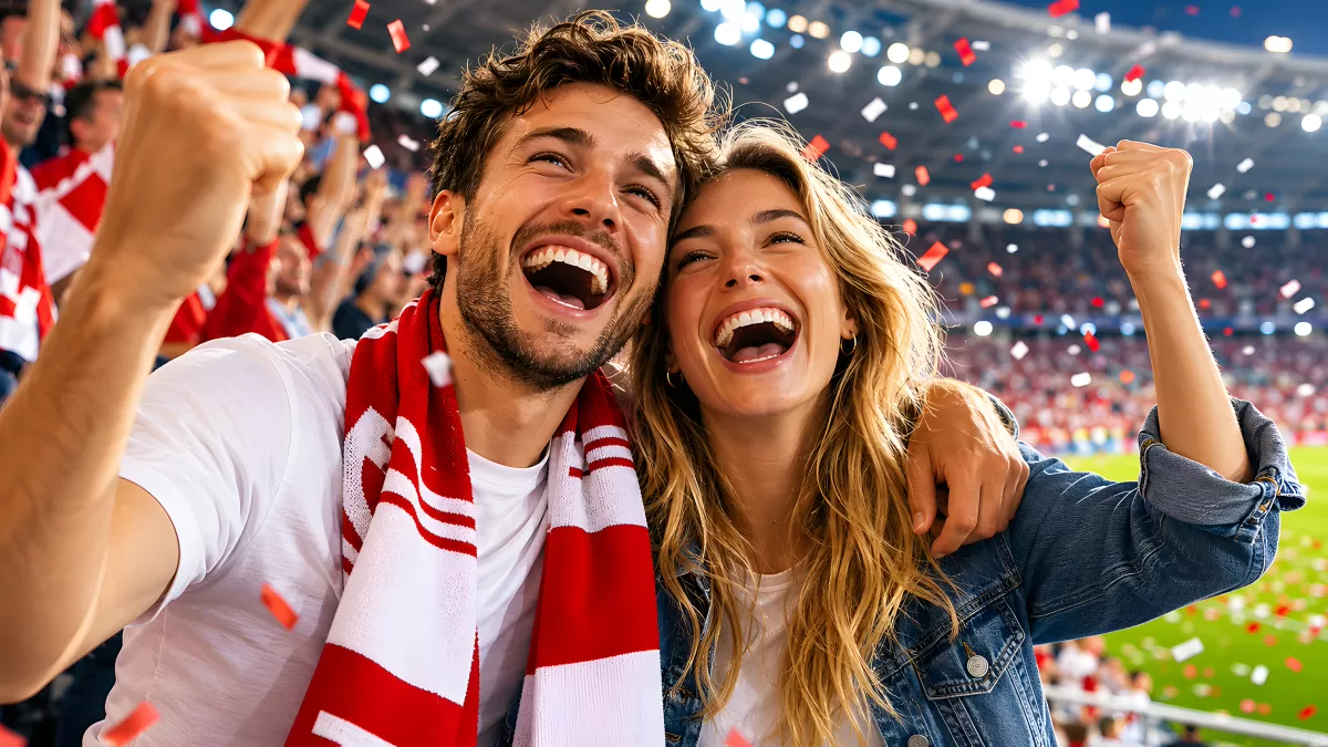 Jubelndes Pärchen bei einem Fußballspiel im Stadion