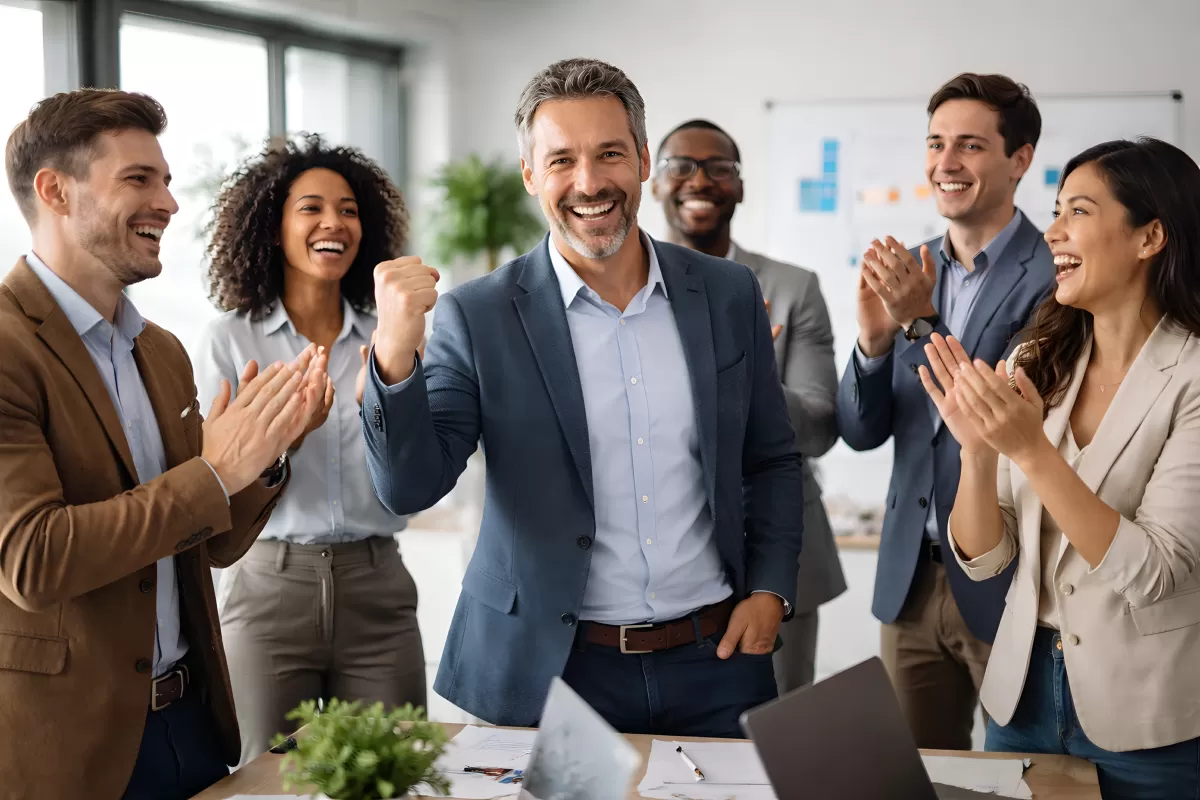 Jubelndes Team feiert gemeinsamen Erfolg im Büro