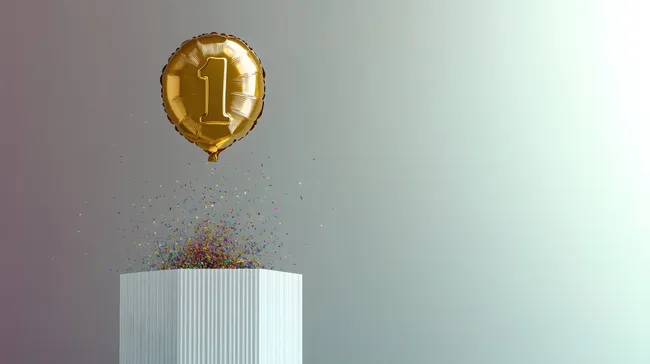 Jubiläum mit goldener Ballondekoration und Konfetti