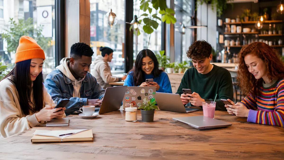 Jugendliche arbeiten gemeinsam im Café mit Smartphones