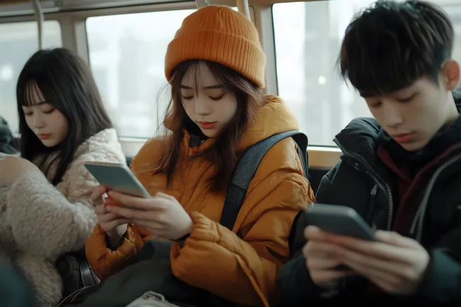 Jugendliche im Zug beschäftigt mit Smartphones