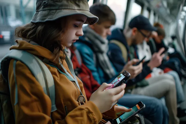 Jugendliche in der U-Bahn mit Smartphone