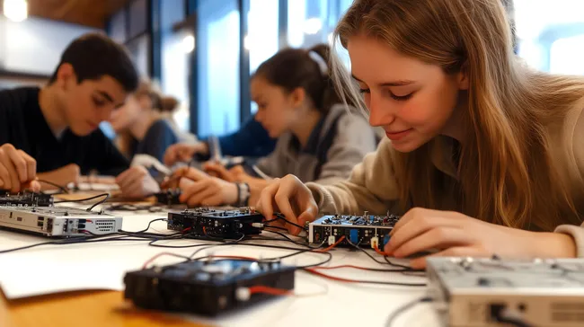 Jugendliche lernen Elektrotechnik in moderner Schulumgebung