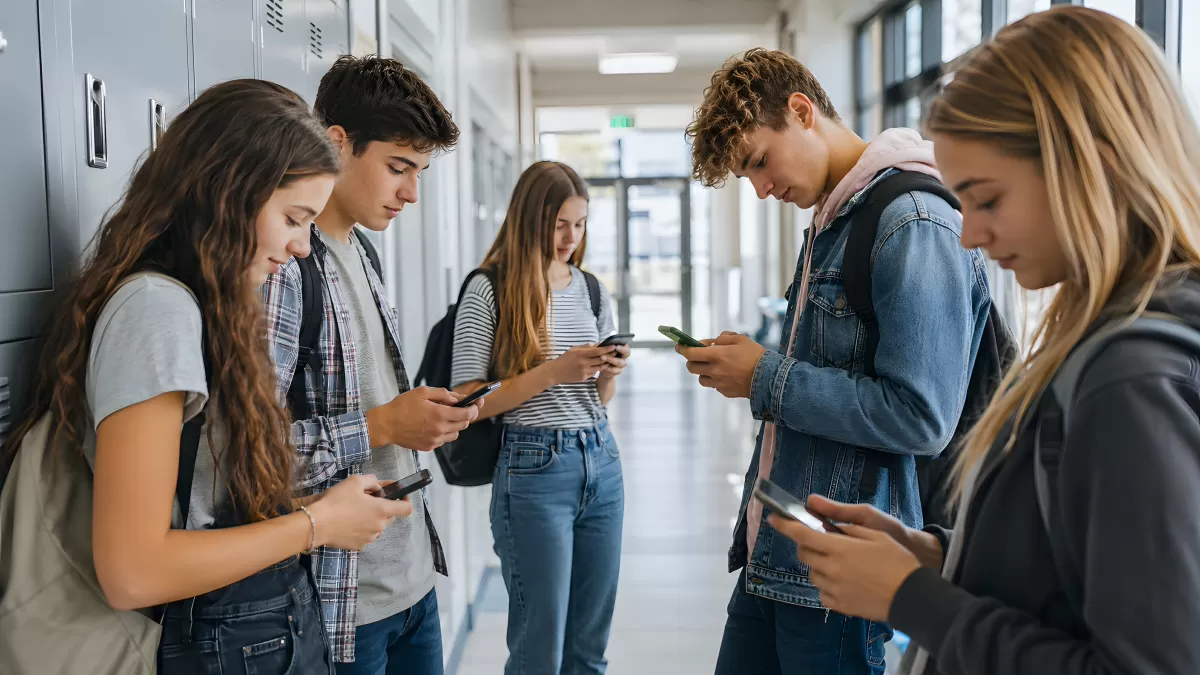 Jugendliche mit Smartphones im Schulflur