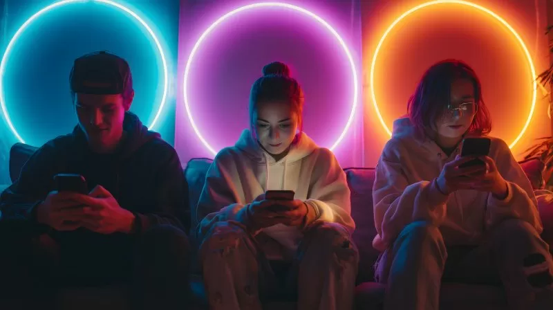 Jugendliche mit Smartphones vor bunten Neonkreisen