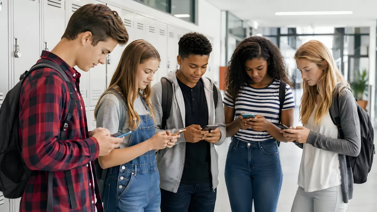 Jugendliche schauen gemeinsam auf Smartphones im Schulflur