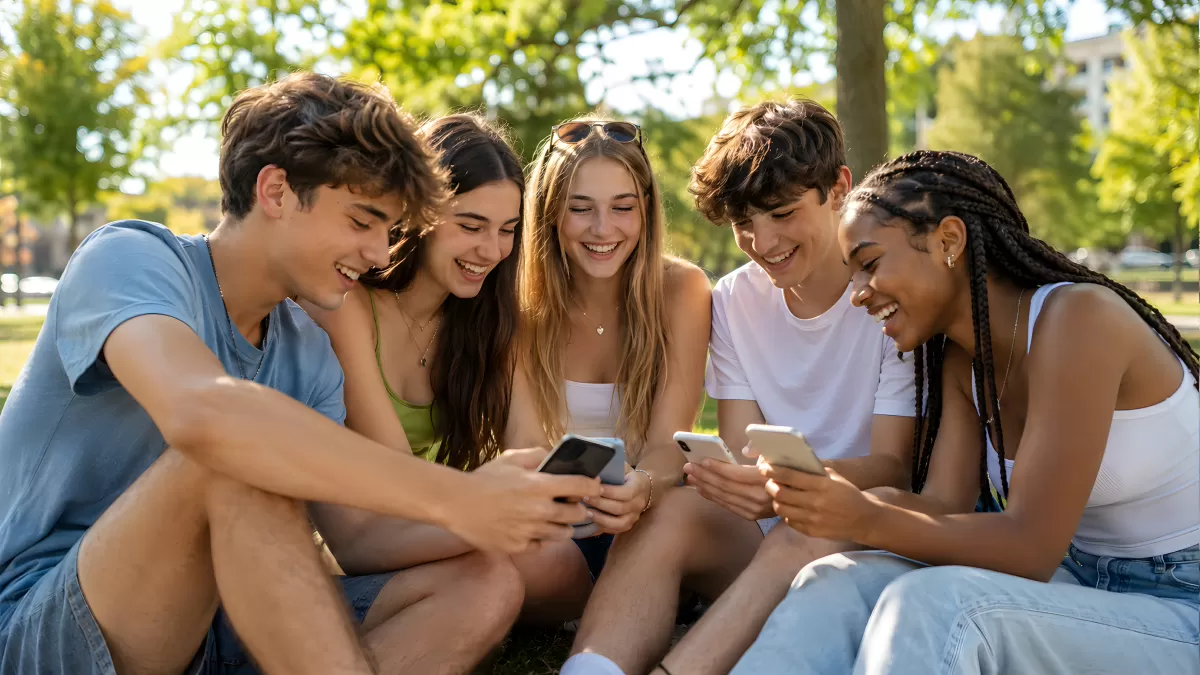 Jugendliche sitzen im Park und schauen auf Smartphones