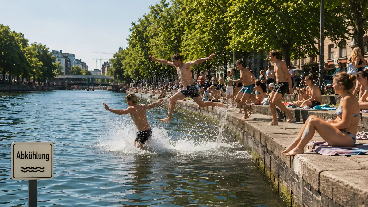 Jugendliche springen in einen Stadtkanal im Sommer