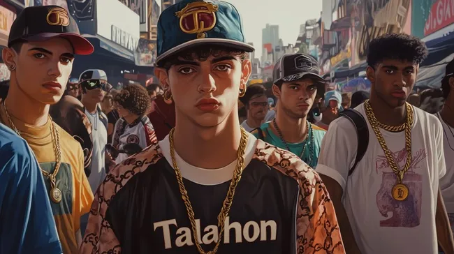 Jugendliche Streetwear-Gruppe in belebter Stadtszene kostenlos herunterladen