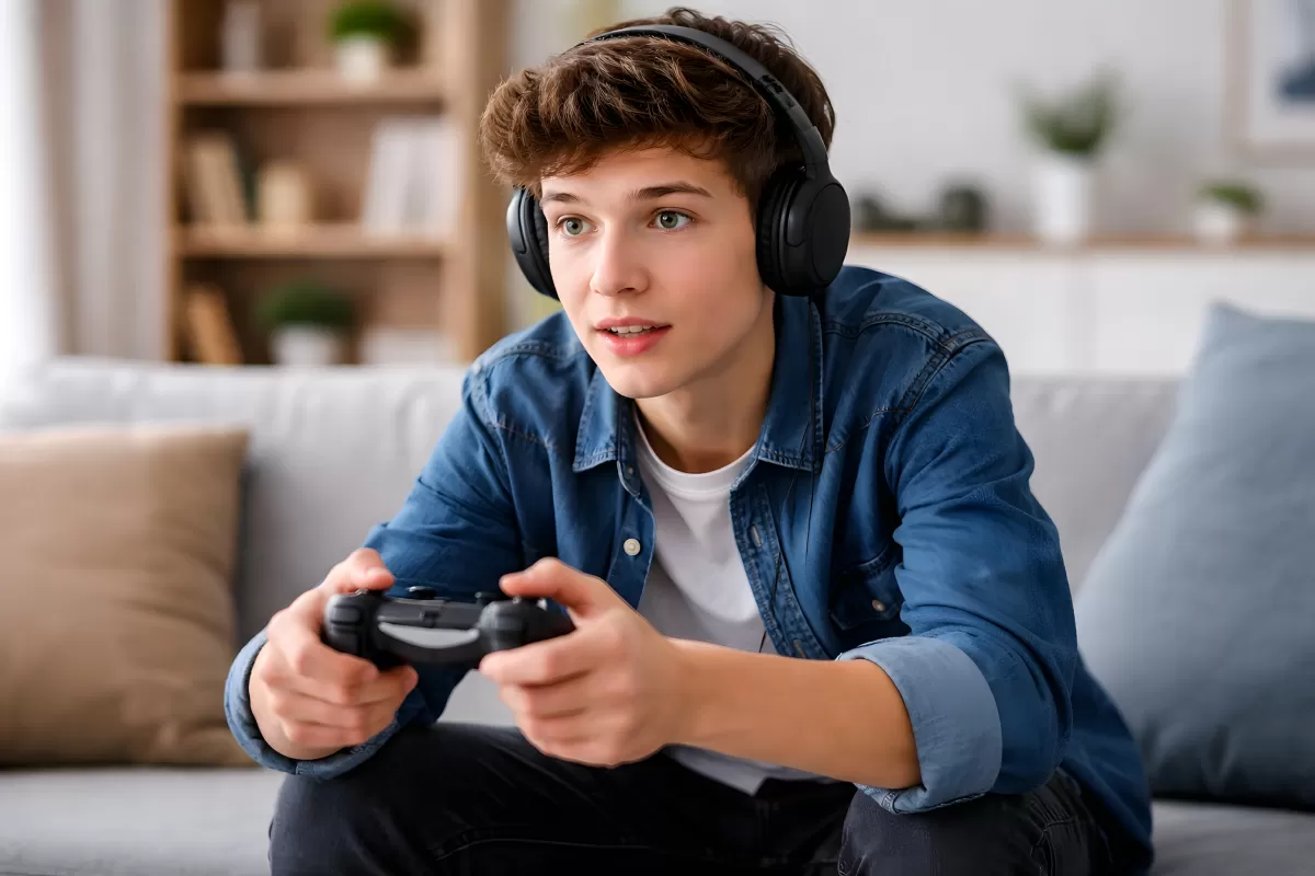 Jugendlicher beim Computerspiel mit Kopfhörern