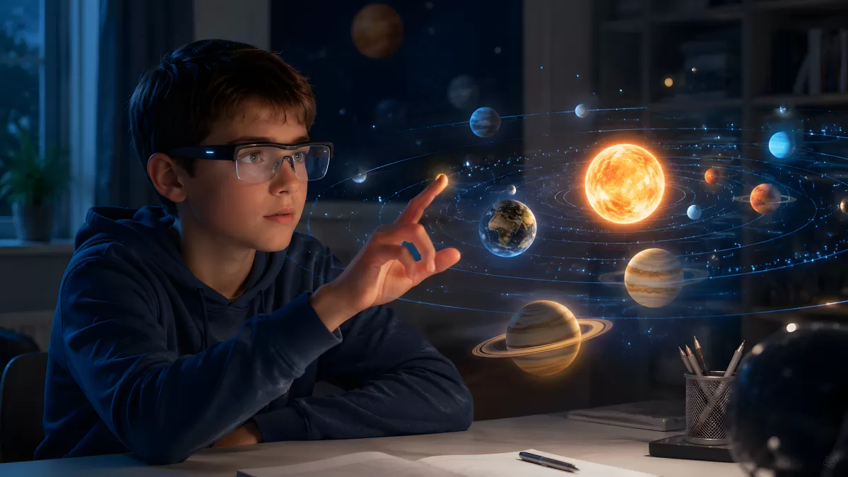 Jugendlicher erkundet holografisches Sonnensystem in AR