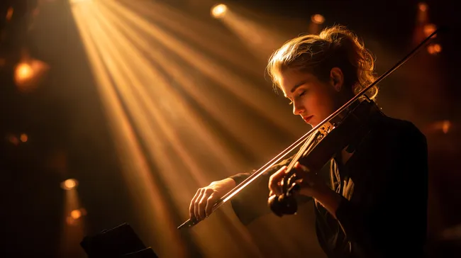 Jugendlicher Geiger in stimmungsvoller Konzertbeleuchtung