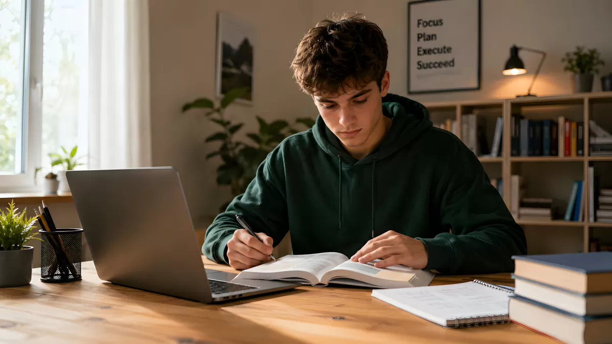 Jugendlicher lernt am Schreibtisch mit Buch und Laptop