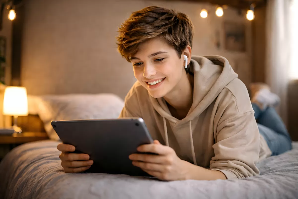 Jugendlicher liegt lächelnd mit Tablet auf dem Bett