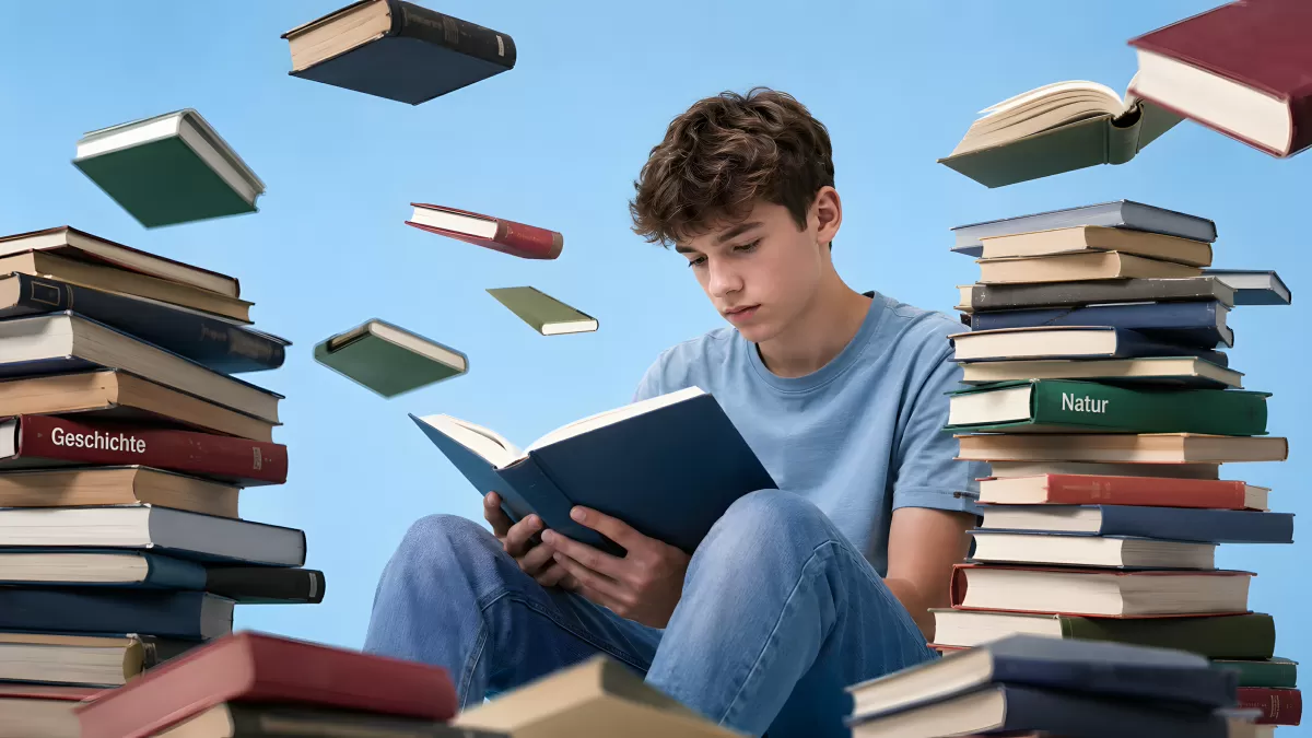 Jugendlicher liest Buch umgeben von Bücherstapeln