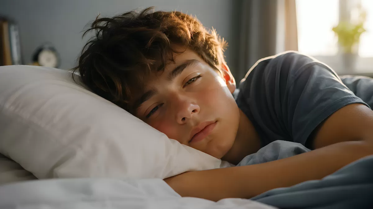 Jugendlicher schläft morgens entspannt im Bett