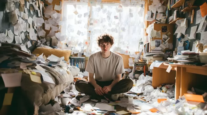 Jugendlicher sitzt im chaotischen Zimmer voller Papier