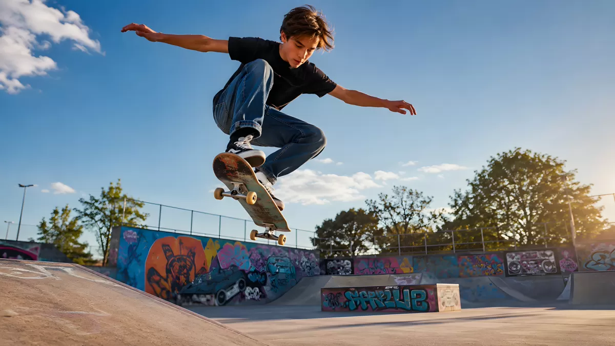 Jugendlicher Skater führt Trick im Skatepark aus