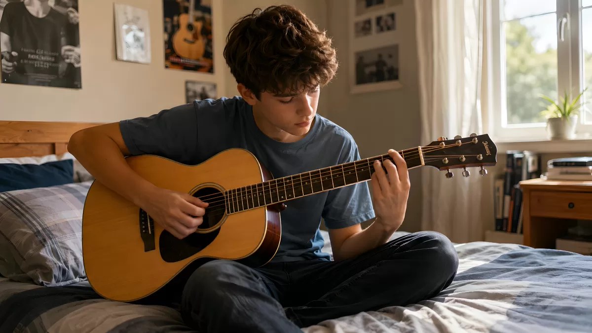 Jugendlicher spielt Akustikgitarre auf dem Bett