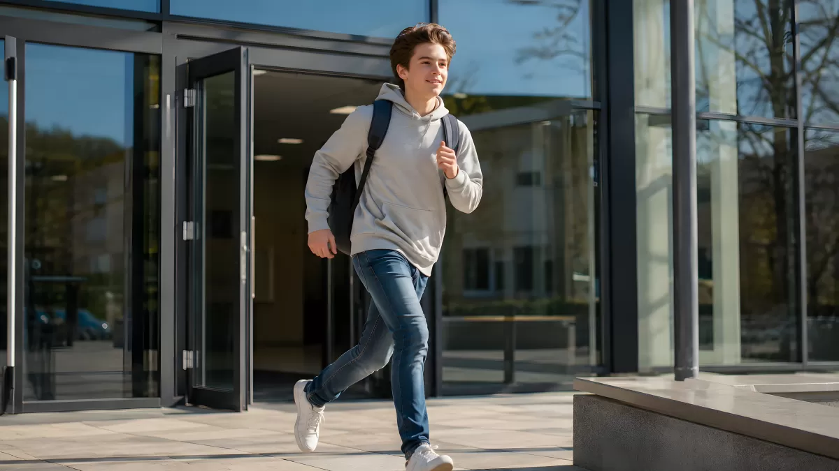 Jugendlicher verlässt freudig das Schulgebäude
