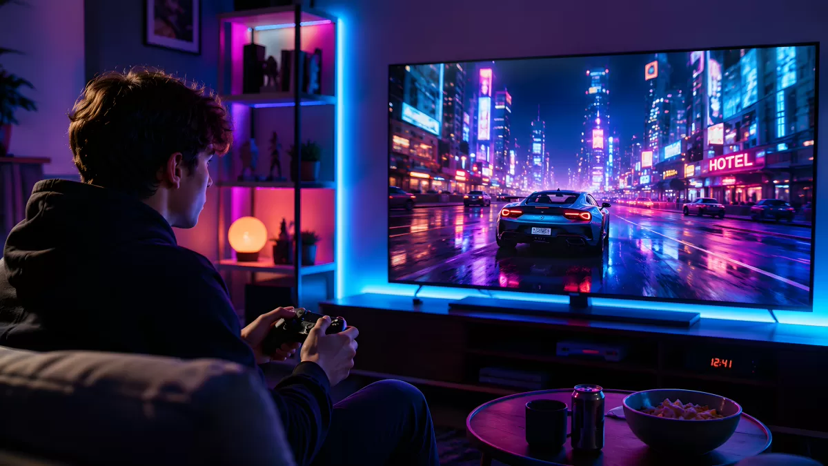 Jugendlicher zockt Rennspiel auf großem TV nachts