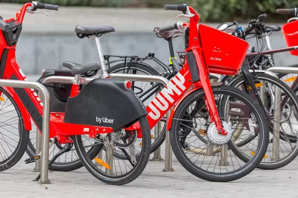 Jump electric scotters for rent by Uber on the streets of Brussels, Belgium