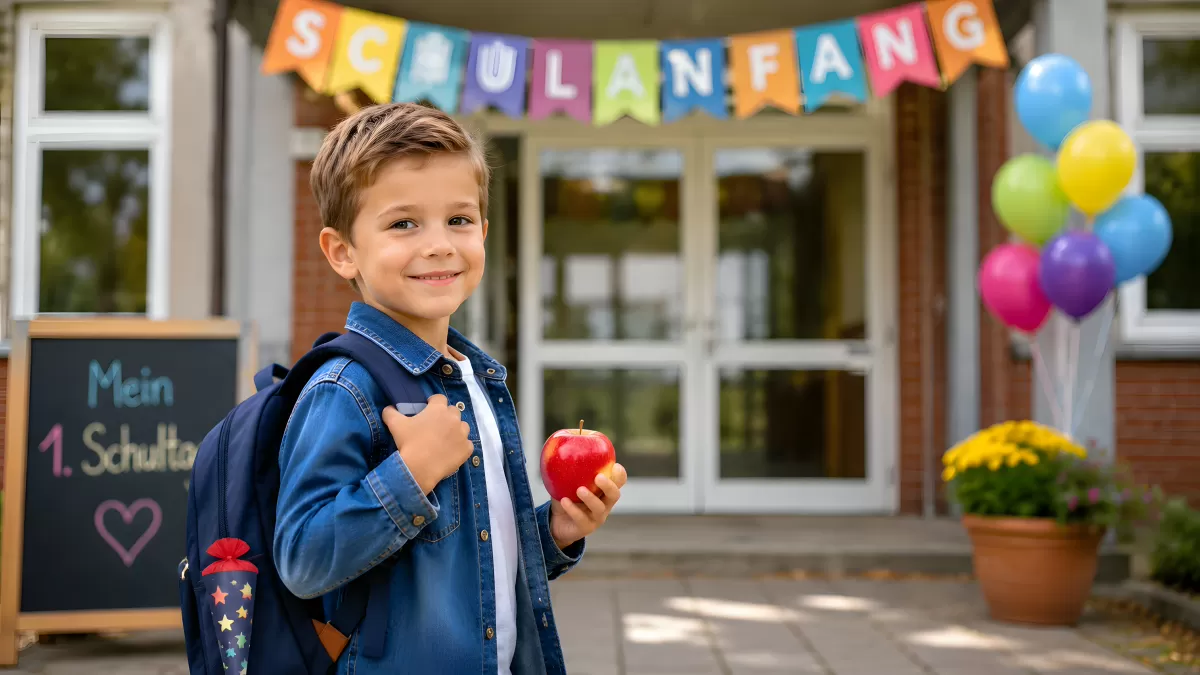 Junge am ersten Schultag mit Apfel vor Schuleingang