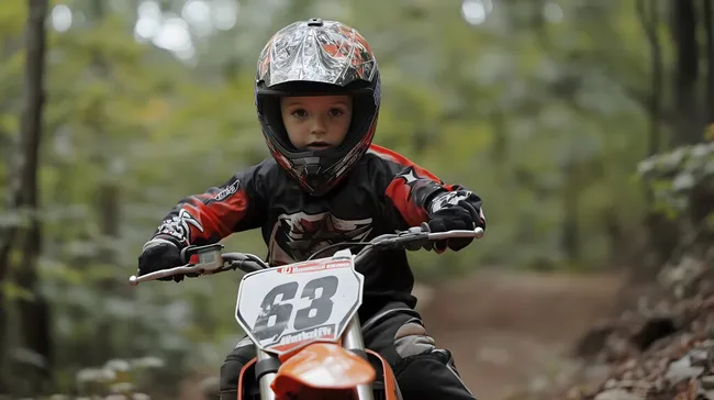 Junge auf Motocross-Motorrad im Waldgelände