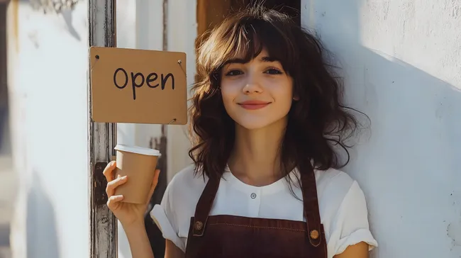 Junge Barista in Cafékneipe mit Kaffeetasse und Öffnungsschild