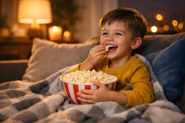 Junge beim Popcorn-Naschen auf der Couch