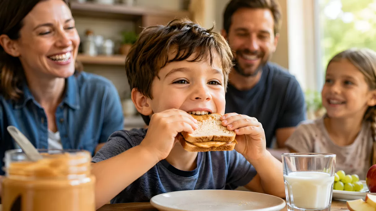 Junge beißt freudig in Erdnussbutter-Sandwich