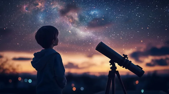 Junge betrachtet Sternenhimmel durch Teleskop