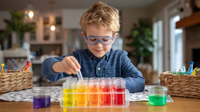 Junge experimentiert mit bunten Chemikalien