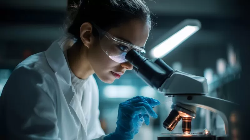 Junge Forscherin im Labor mit Mikroskop bei Analyse