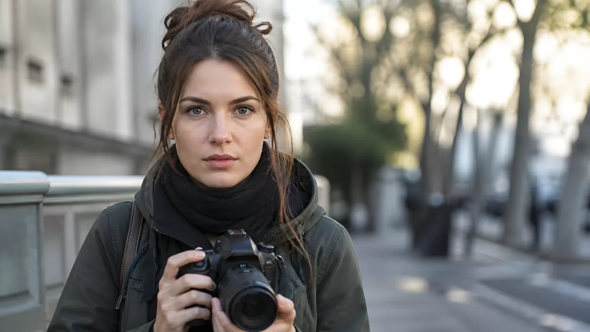 Junge Fotografin mit Kamera auf belebter Stadtstraße