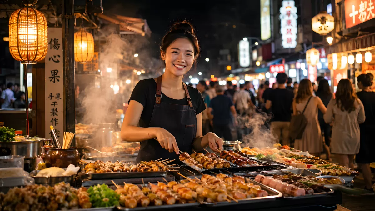Junge Frau an einem Grillstand auf einem Nachtmarkt